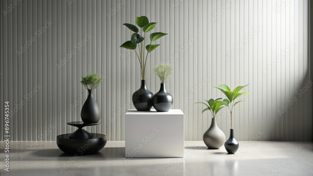 Sleek minimalist room with podium featuring black and white vases holding single leaf stems, ample copy space, and clean lines. Sleek minimalist room with podium featuring black and white vases holding single leaf stems, ample copy space, and clean lines.