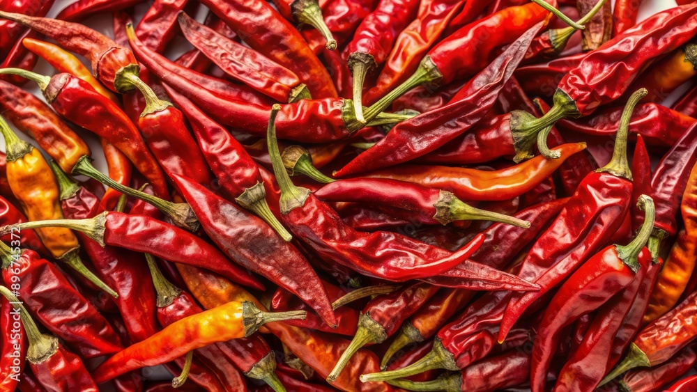Vibrant red dry chili peppers scattered randomly on a transparent background, showcasing their wrinkled skin and fiery intense color tones. Vibrant red dry chili peppers scattered randomly on a transparent background, showcasing their wrinkled skin and fiery intense color tones.
