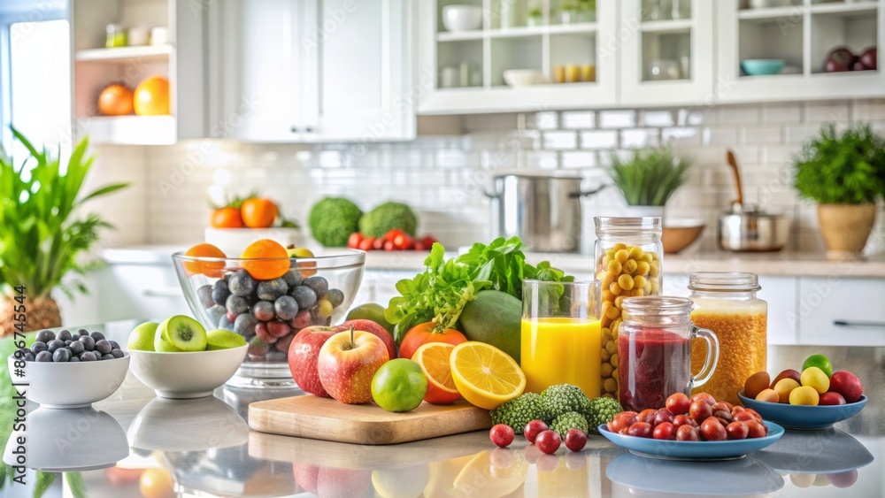 Colorful array of healthy supplements and fresh fruits on a modern kitchen counter against a clean white background. Colorful array of healthy supplements and fresh fruits on a modern kitchen counter against a clean white background.