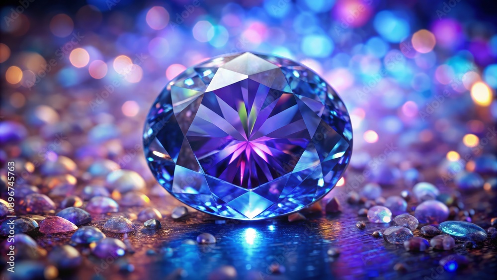 Dramatic refractions of light cast vibrant blue and purple hues on surrounding surfaces through faceted Tanzanite gemstone. Dramatic refractions of light cast vibrant blue and purple hues on surrounding surfaces through faceted Tanzanite gemstone.