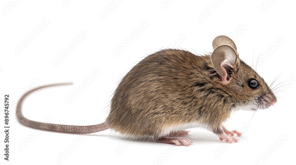 House mouse Mus Musculus with raised tail facing away on white background House mouse Mus Musculus with raised tail facing away on white background