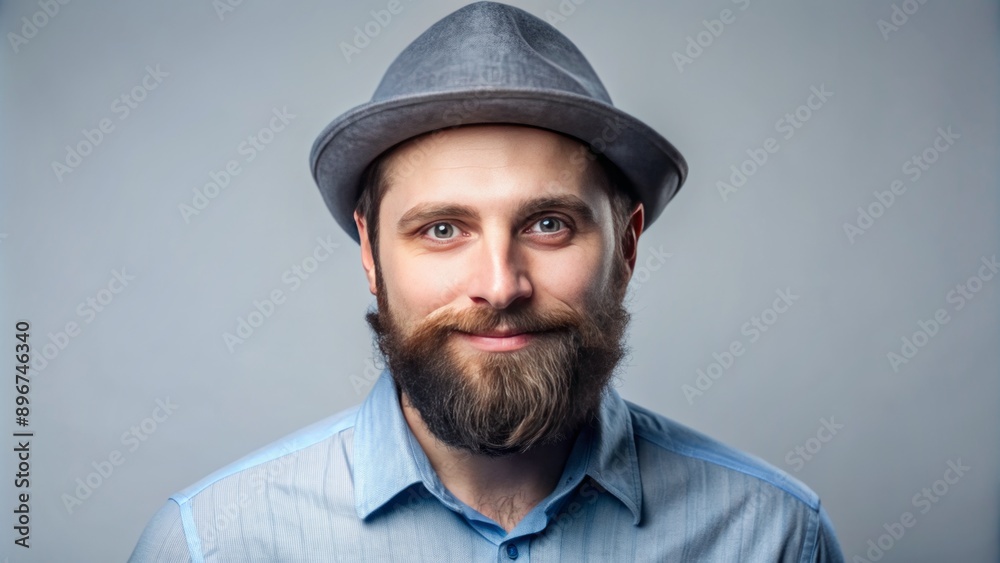 Confident bearded man in blue shirt and grey hat isolated on transparent background with warm and welcoming facial expression. Confident bearded man in blue shirt and grey hat isolated on transparent background with warm and welcoming facial expression.