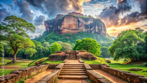 Vibrant watercolor depiction of Sigiriya Rock in Sri Lanka showcasing lush greenery, ancient ruins, and steep stairway amidst serene atmosphere.