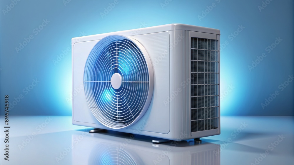 Solo modern white air conditioning unit stands isolated on a clean background, emitting refreshing blue air currents in a circular motion. Solo modern white air conditioning unit stands isolated on a clean background, emitting refreshing blue air currents in a circular motion.