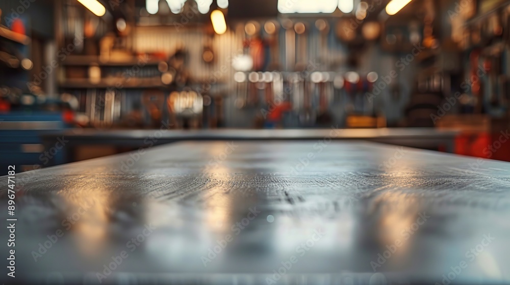 Metal Tabletop with Blurry Workshop Background Metal Tabletop with Blurry Workshop Background