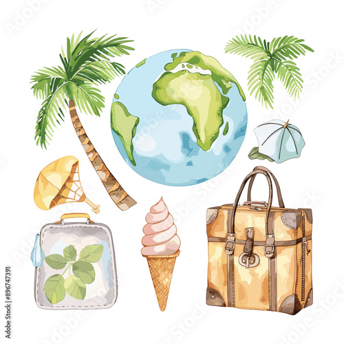 Watercolor illustration of travel essentials including a globe, palm trees, luggage, ice cream and more.