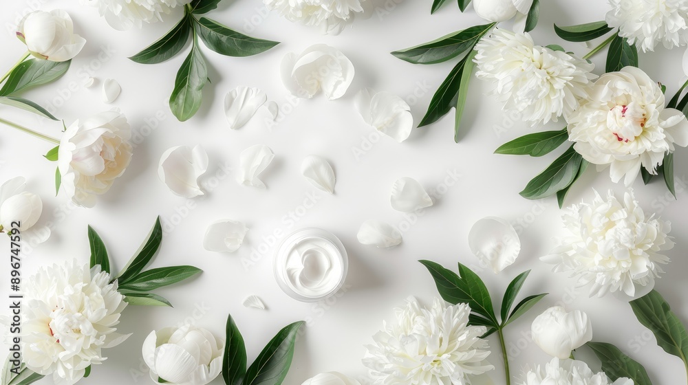 White peony and mockup cream with cosmetics concept on white background White peony and mockup cream with cosmetics concept on white background