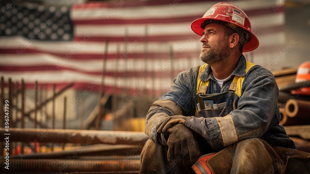 Fototapeta premium A construction worker is depicted at rest on a job site. He is seated with arms resting on his knees, wearing a red hard hat and heavy-duty gloves, and appears pensive or reflective. His attire includ