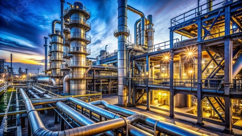 Industrial refinery scene depicts rows of metallic pipes, pressured vessels, and complex machinery amidst a rigorous manufacturing environment.