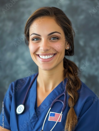 A smiling woman, likely a medical professional, stands confidently against a neutral, blurred background. She has long, neatly braided brown hair and is dressed in blue medical scrubs with a stethosco photo