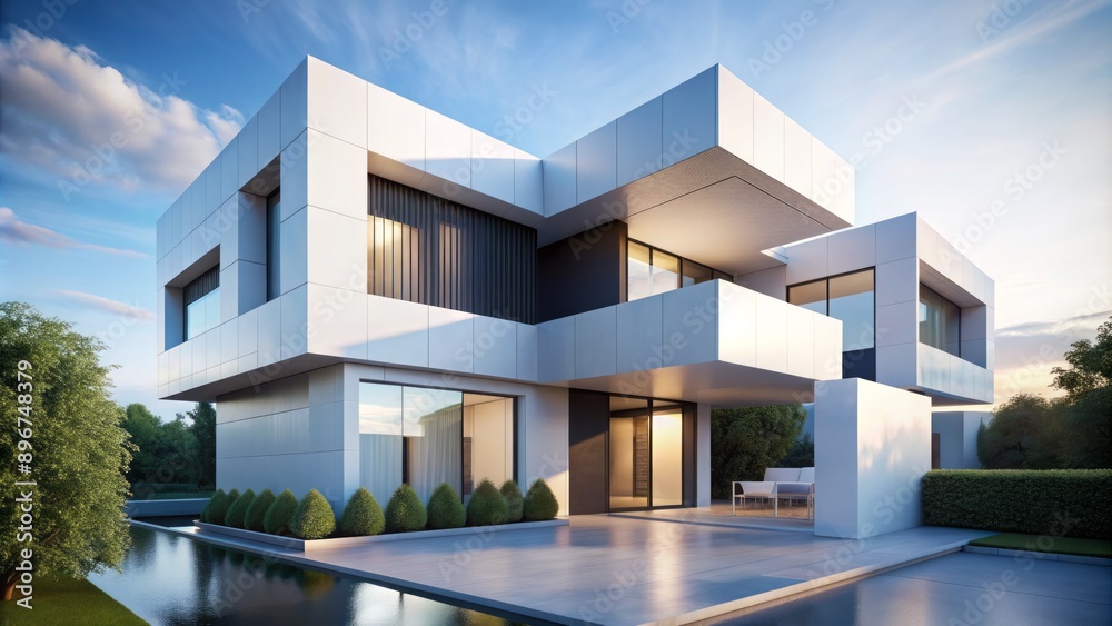 Sleek modern architecture featuring geometric cubic forms in monochromatic hues, juxtaposed against a stark white background, exuding simplicity and elegance. Sleek modern architecture featuring geometric cubic forms in monochromatic hues, juxtaposed against a stark white background, exuding simplicity and elegance.