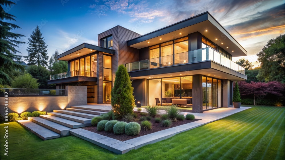 Luxurious contemporary residence illuminated at dusk, featuring sleek lines, expansive windows, and a beautifully landscaped yard with lush greenery. Luxurious contemporary residence illuminated at dusk, featuring sleek lines, expansive windows, and a beautifully landscaped yard with lush greenery.