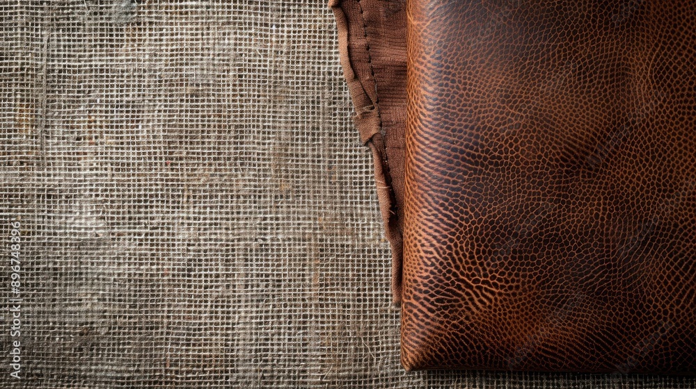 Brown leather piece on linen tablecloth with space for text Brown leather piece on linen tablecloth with space for text