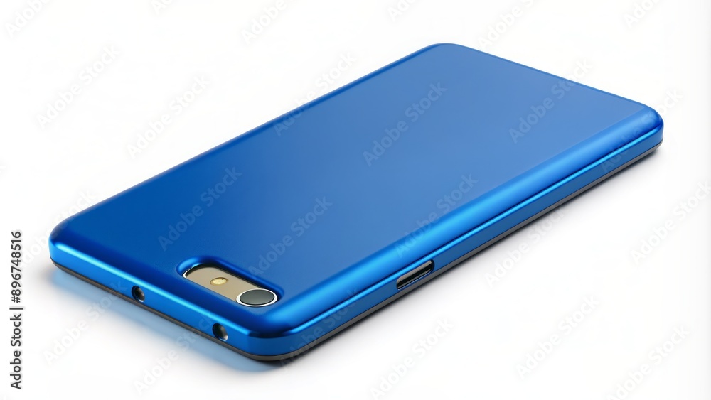 Modern sleek blue smartphone with matching protective case lies isolated on a clean white background with slight shadows. Modern sleek blue smartphone with matching protective case lies isolated on a clean white background with slight shadows.