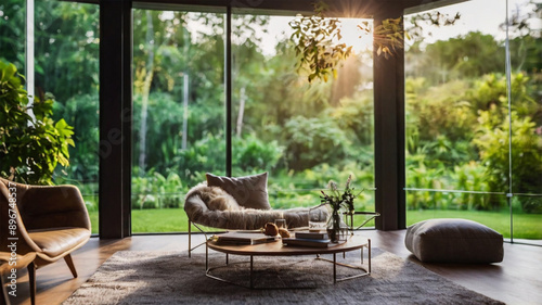 Comfortable living room with glass wall and nature background behind it