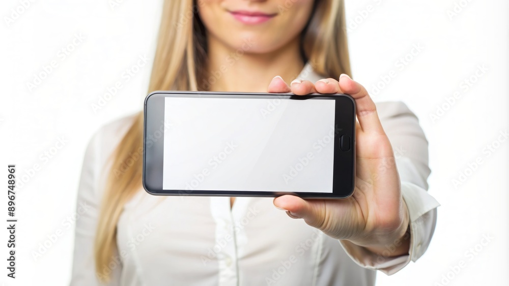 Empty screen of a modern mobile device isolated on a pure white background with a human female hand grasping it. Empty screen of a modern mobile device isolated on a pure white background with a human female hand grasping it.