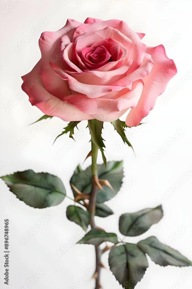 Fototapeta premium Close-up of a radiant pink rose in full bloom, displaying delicate, layered petals with subtle shading, supported by a stem adorned with sharp thorns and green leaves against a white background.