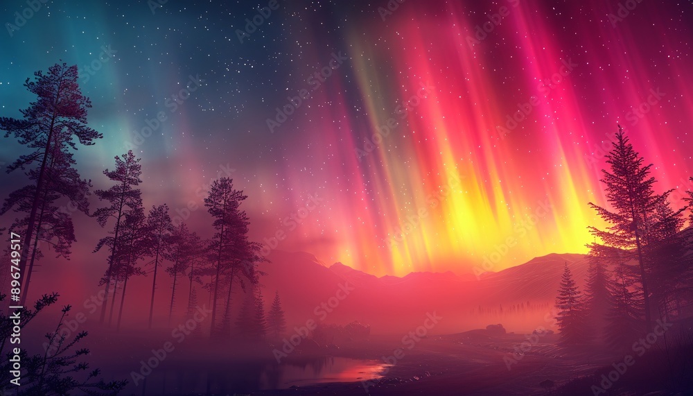 Vivid aurora borealis over pine trees. Vivid aurora borealis over pine trees.