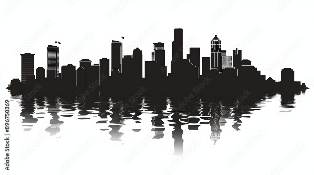 Obraz premium Black and white city skyline silhouette with detailed reflections on rippling water, featuring various modern and classic skyscrapers. Urban Silhouette: Reflections of a Cityscape on Water