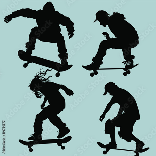 Silhouettes of four skateboarders in various poses.