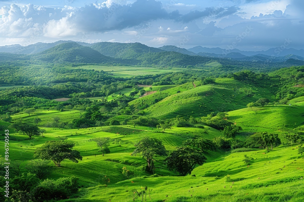 Obraz premium Scenic Ecotourism Spot: Green Hills and Sustainable Practices