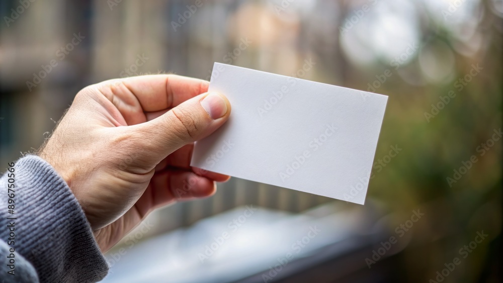 Isolated close-up of a solitary hand grasping a single rectangular paper item between thumb and index finger gesture. Isolated close-up of a solitary hand grasping a single rectangular paper item between thumb and index finger gesture.