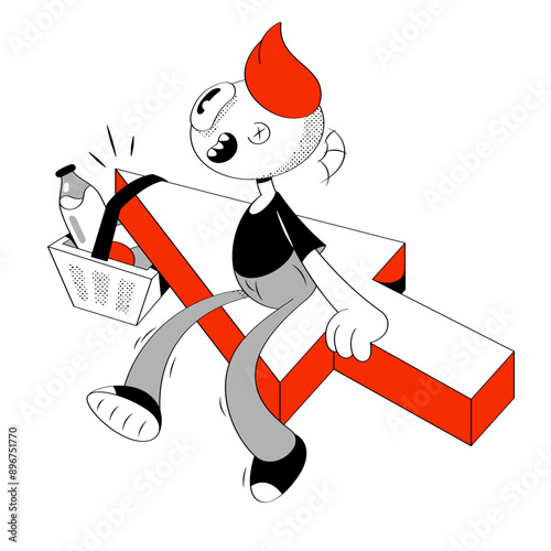 Guy sitting on cursor with shop basket doing online shopping