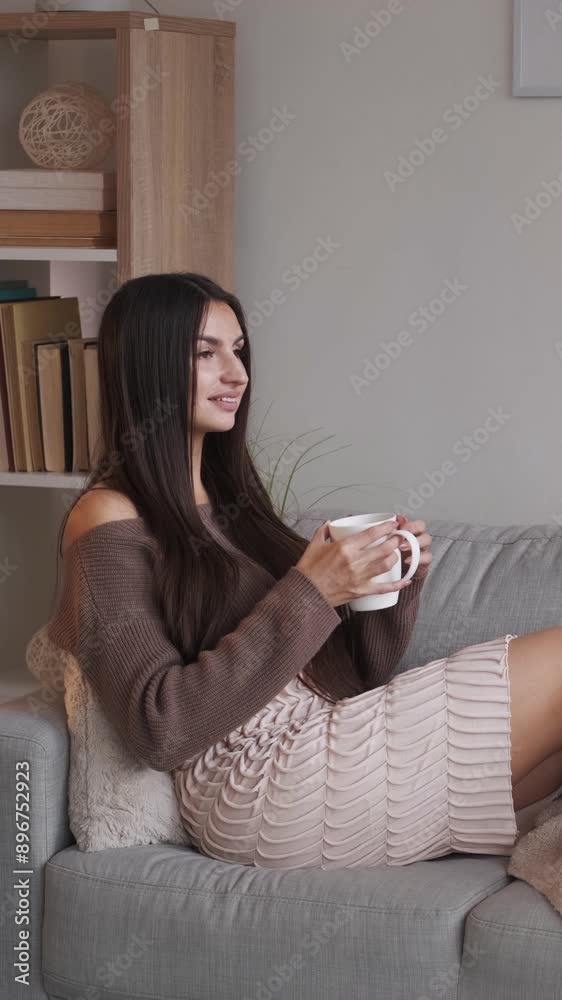 Vertical video. Coffee relax. Home leisure. Happy casual woman drinking tea sitting on comfortable sofa enjoying rest in cozy living room interior. Vertical video. Coffee relax. Home leisure. Happy casual woman drinking tea sitting on comfortable sofa enjoying rest in cozy living room interior.