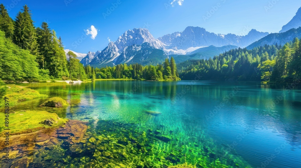 Fototapeta premium Serene Mountain Lake with Crystal Clear Waters