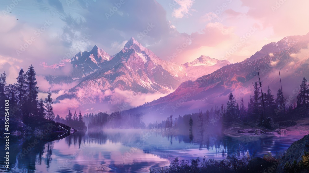 Fototapeta premium A peaceful mountain landscape at dawn, with a clear lake reflecting the surrounding peaks, mist rising, and a pastelcolored sky