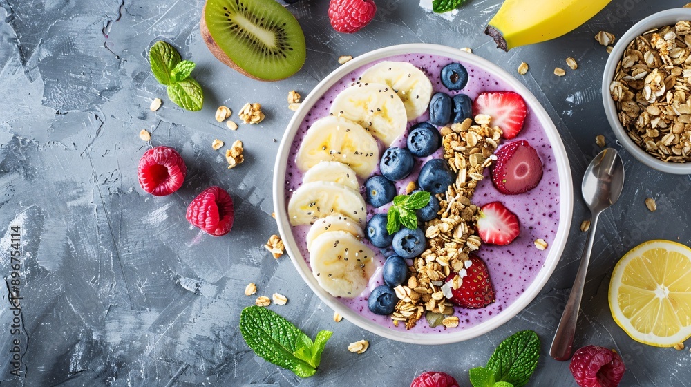 Highly detailed flat lay of a smoothie bowl with fresh fruit and granola, minimalist composition Highly detailed flat lay of a smoothie bowl with fresh fruit and granola, minimalist composition