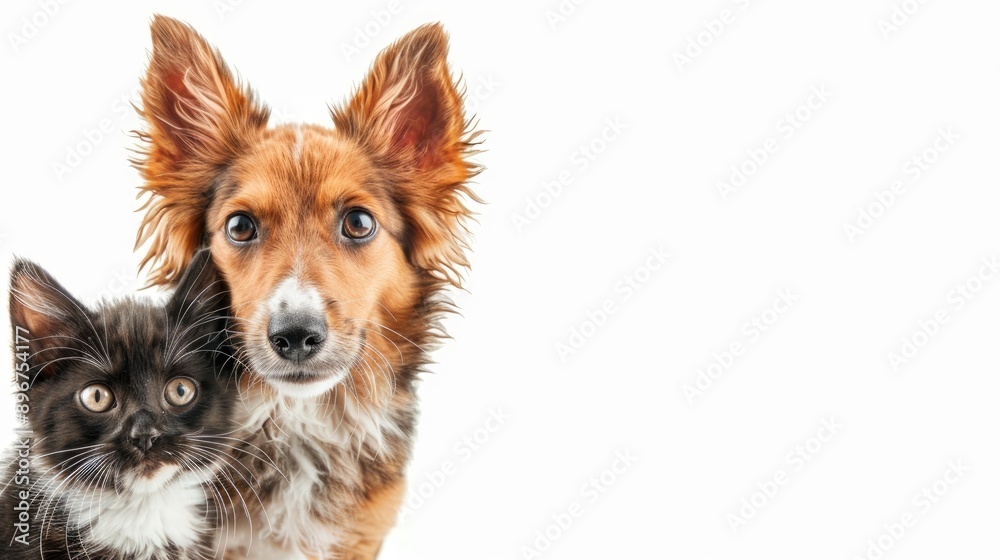 Charming dog and cute kitten on white backdrop with room for text Charming dog and cute kitten on white backdrop with room for text