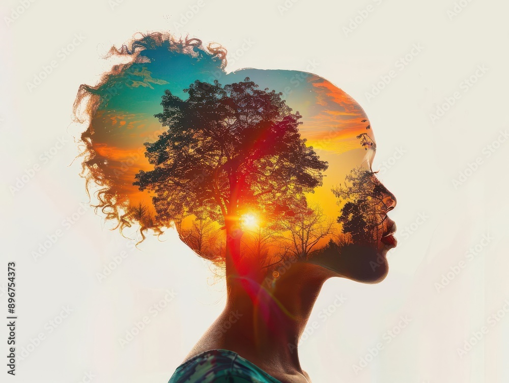 © Mnt - Artistic portrait of a womans silhouette overlaid with a serene forest and a colorful sunset, evoking tranquility and the connection between humans and nature © Mnt - Artistic portrait of a womans silhouette overlaid with a serene forest and a colorful sunset, evoking tranquility and the connection between humans and nature