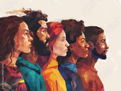 Artistic depiction of a diverse group of people in profile, their expressions focused and resolute, evoking solidarity and hope