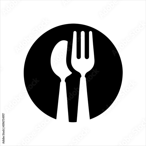 Black round shape with spoon and fork vector silhouette on white background. Spoon and fork icon sign illustration design.