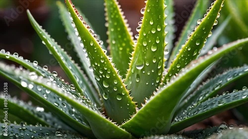 The aloe vera plant is a beautiful, healing green. A close-up shows the plant's patterns and textures, showing how it soothes and rejuvenates. The image is calm and fresh, a great photo of a plant.