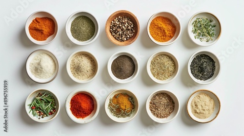 Fototapeta Naklejka Na Ścianę i Meble -  Minimalist flat lay of assorted spices in small bowls on a clean surface