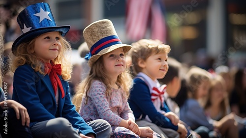 Children watching parade wearing american clothes.