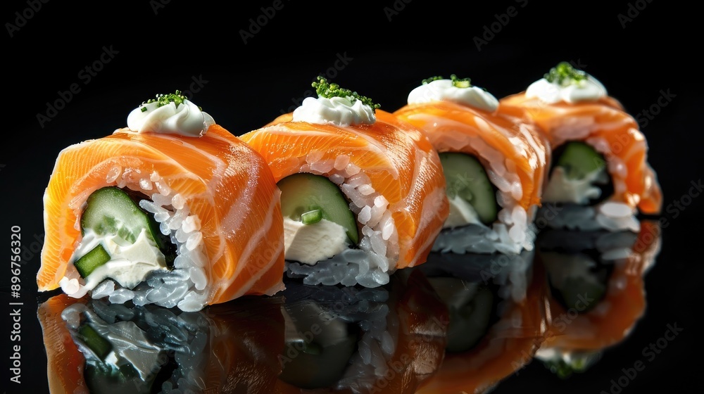 Philadelphia rolls with fresh salmon rice cream cheese and cucumber on black background Japanese sushi concept blank space Philadelphia rolls with fresh salmon rice cream cheese and cucumber on black background Japanese sushi concept blank space