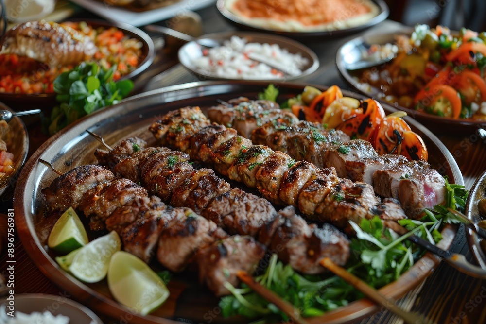 Grilled Meat Skewers with Lime Wedges and Greens on a Wooden Plate Grilled Meat Skewers with Lime Wedges and Greens on a Wooden Plate