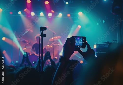 A person capturing concert moments with a phone amidst a vibrant crowd, illuminated by stage lights creating an atmosphere of excitement and energy. Enthusiastic audience holding up phones to record