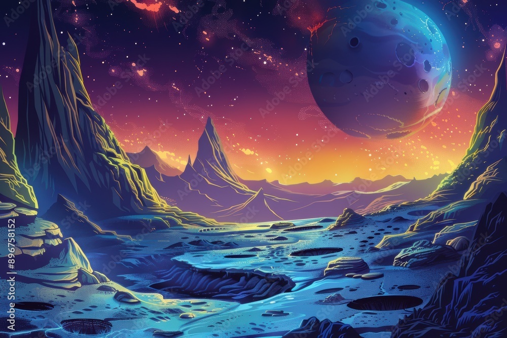 Mystical landscape of an undiscovered planet with vibrant colors and a distant moon. Mystical landscape of an undiscovered planet with vibrant colors and a distant moon.