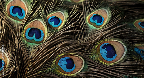  A vibrant illustration of peacock feathers in an extreme close-up, highlighting the vivid colors and intricate patterns, with space for text.