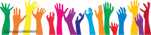 Raised up icon for Multiethnic Diverse Hands , colorful..
