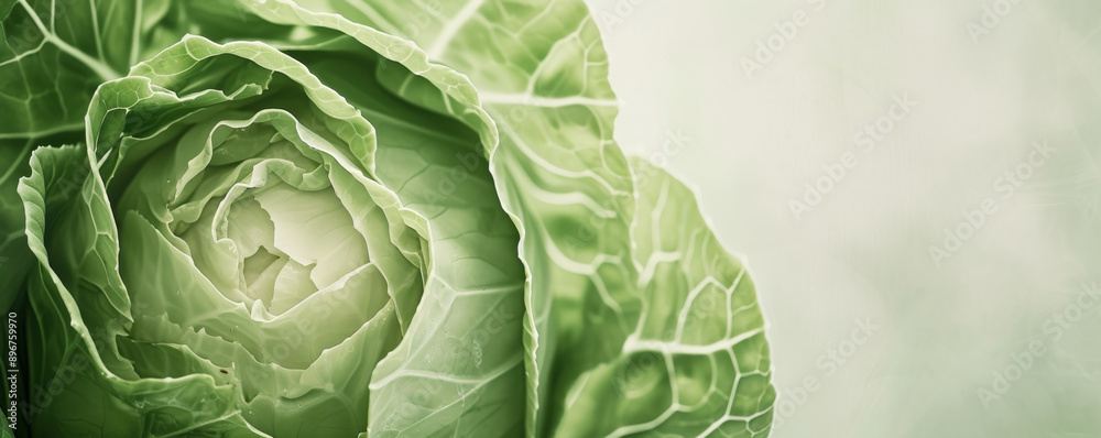 Obraz premium Fresh green cabbage close-up, detailed texture and natural pattern. Healthy eating and organic food concept