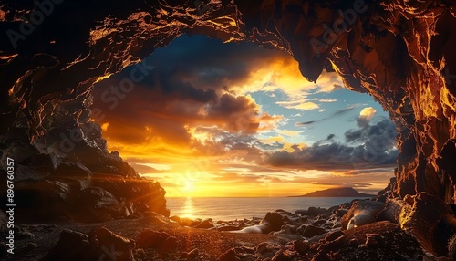 Erupting volcano viewed from inside a lavafilled cave at sunset with dramatic sky panoramic shot photo