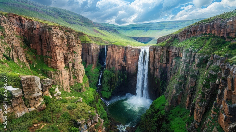 Majestic Waterfall in a Mountain Valley Majestic Waterfall in a Mountain Valley
