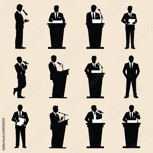 Set of black silhouettes of speakers at podium.