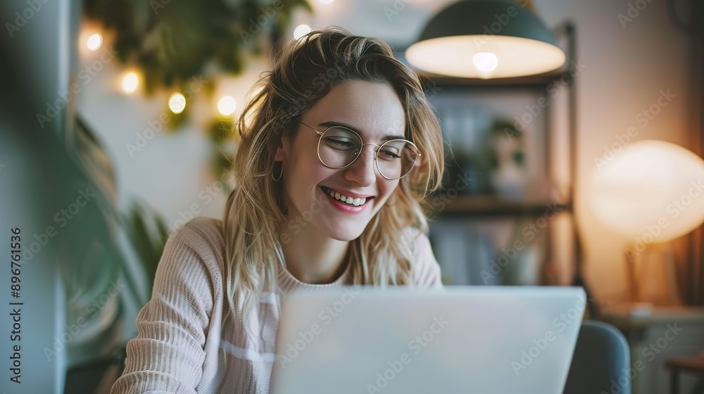 Smiling woman in glasses looking at laptop screen Smiling woman in glasses looking at laptop screen