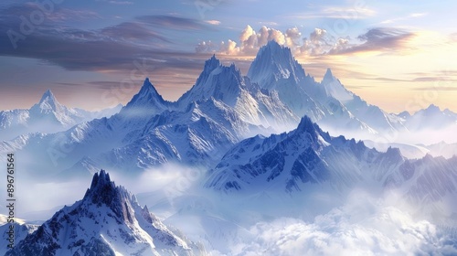 Majestic snow-capped mountains rise above a sea of clouds, bathed in the warm glow of sunrise.